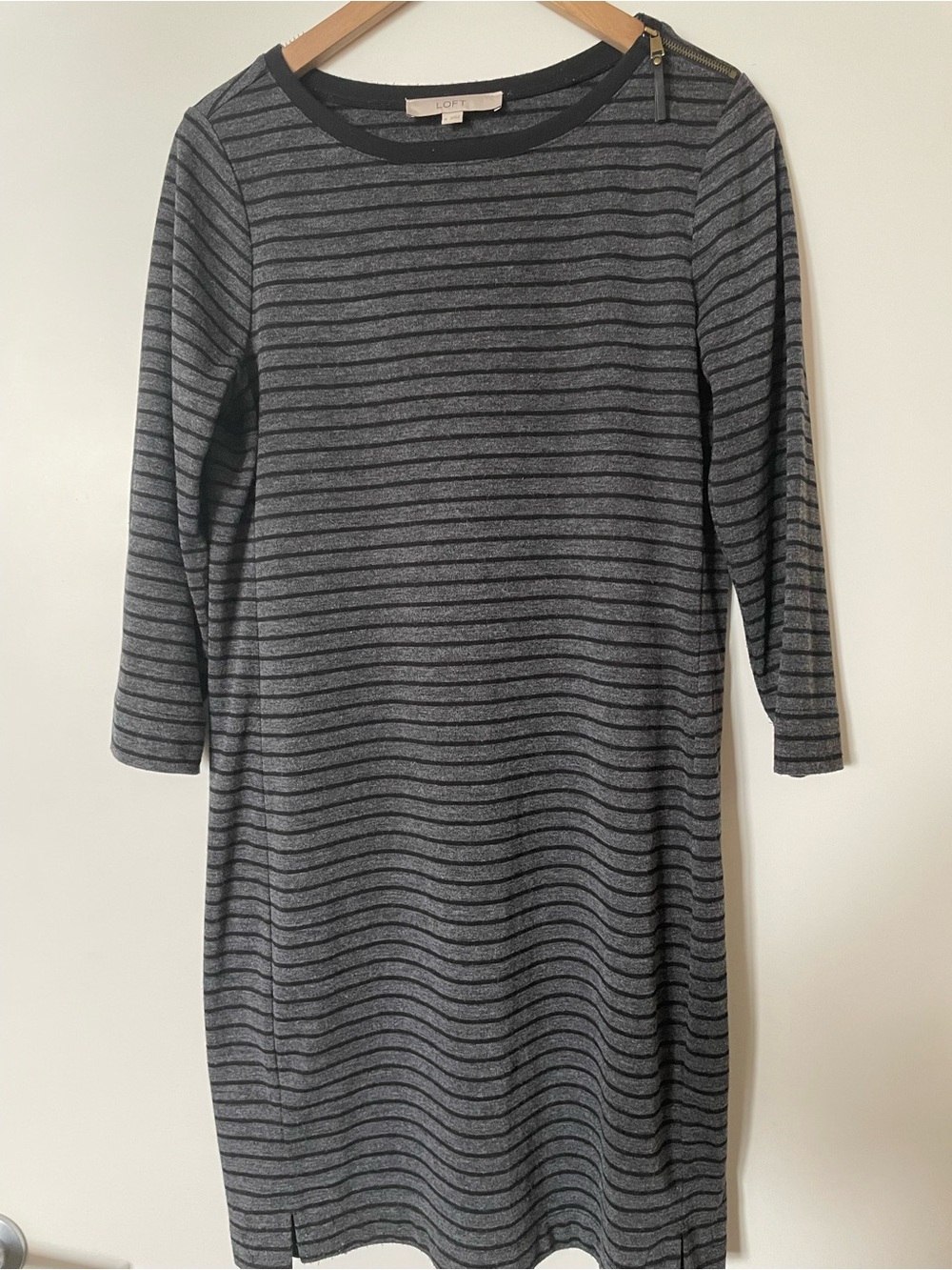 LOFT Black and Charcoal Striped Midi Dress
